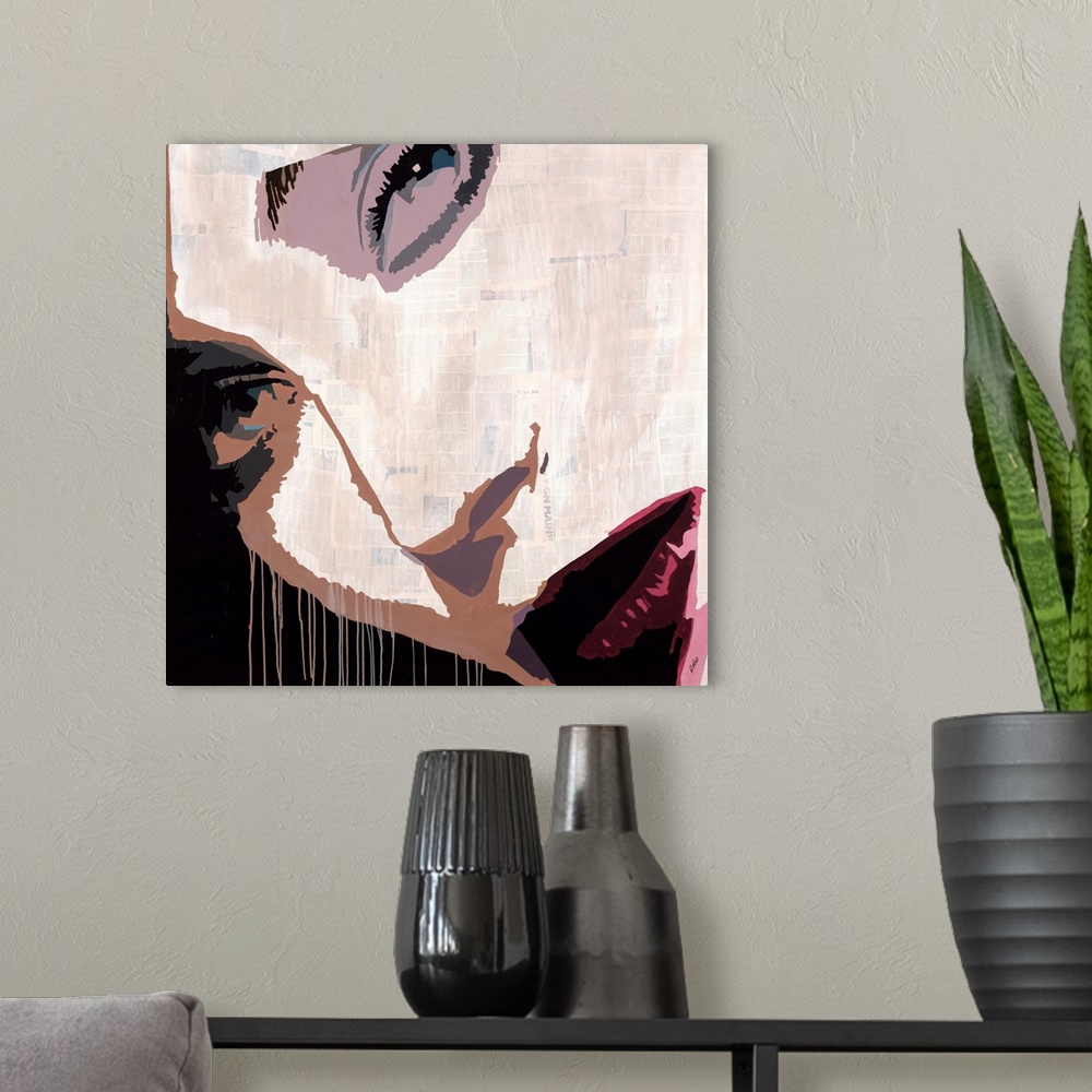 A modern room featuring Square artwork with a close-up of a woman's face in red, purple, and brown hues and her skin made...