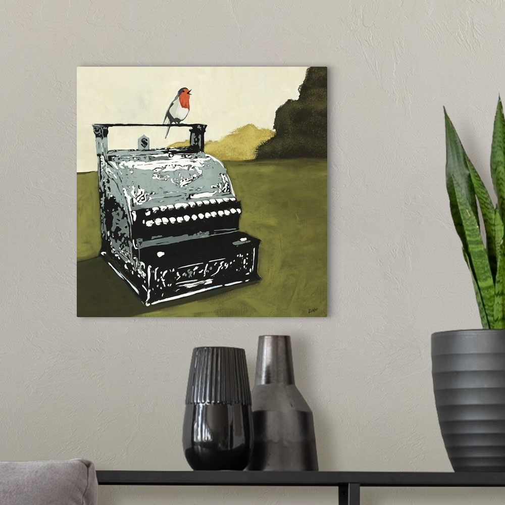 A modern room featuring Contemporary painting of a red and white bird perched on top of a vintage cash register that sits...