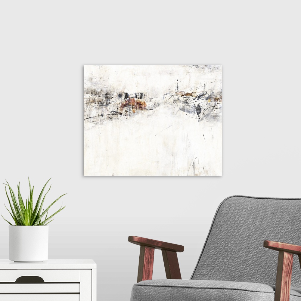 A modern room featuring Contemporary painting of textured lines and brush strokes going horizontal on the image in natura...