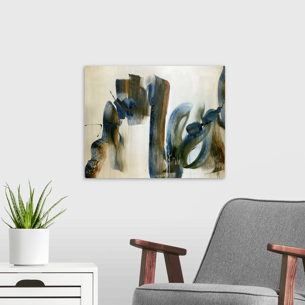 A modern room featuring Big, horizontal artwork for a living room or office of a wide brush stroke that swirls in various...