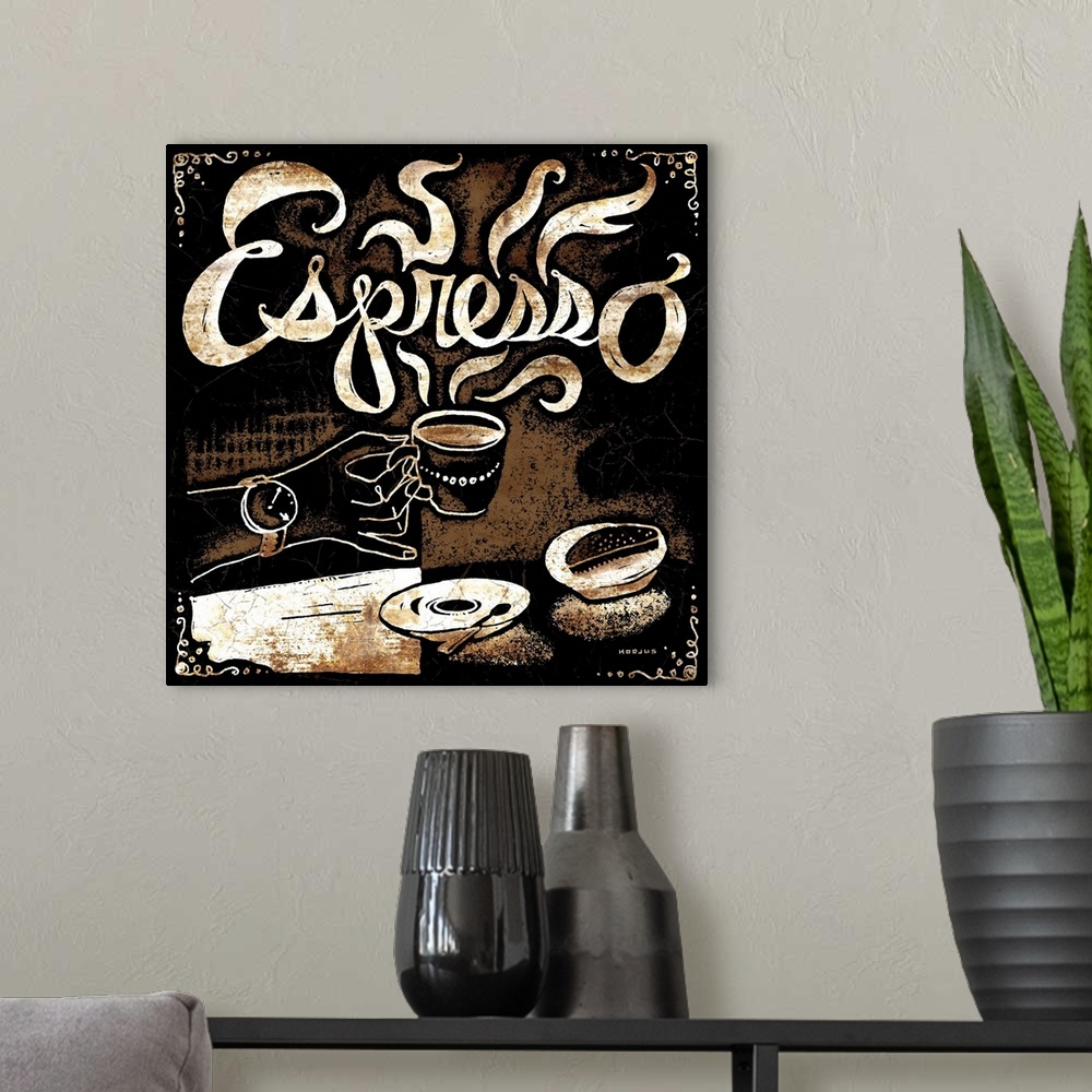 A modern room featuring A person holding an espresso cup with a biscotti on the side with the word Espresso illustrated i...