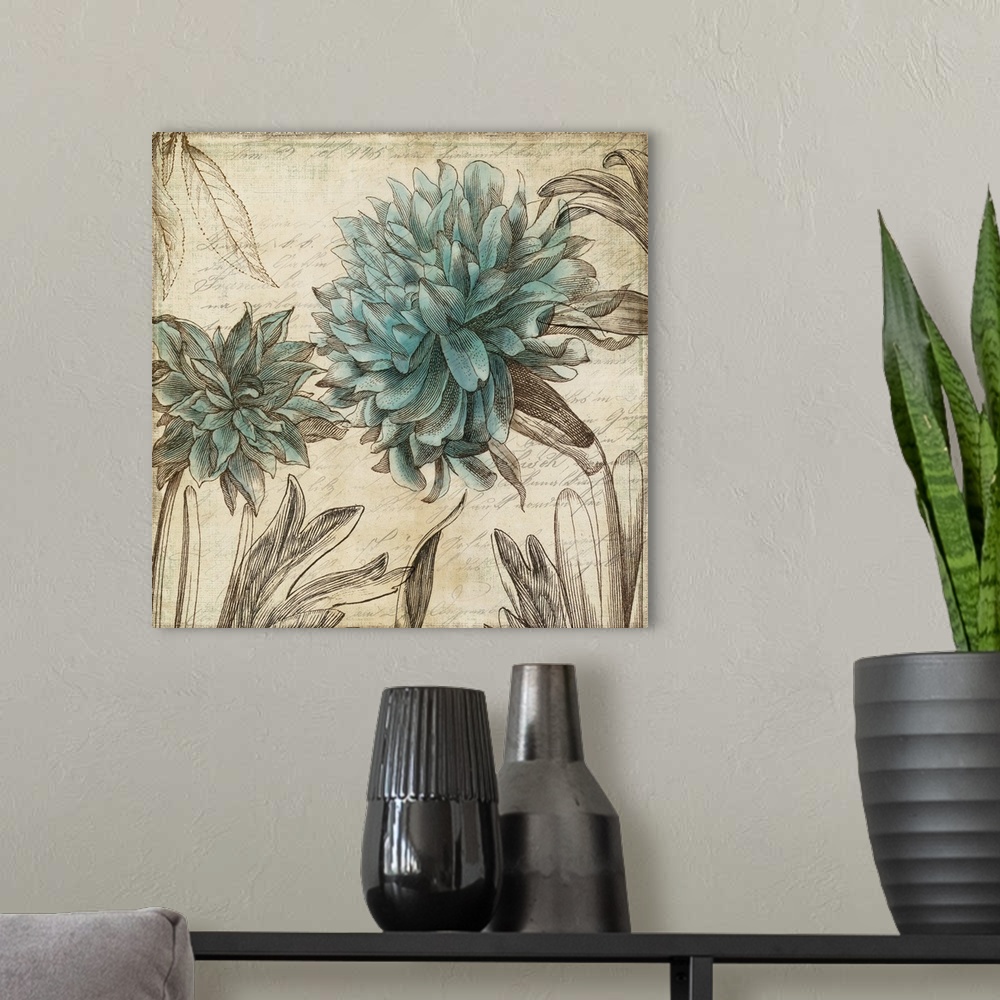 A modern room featuring Contemporary home decor art of blue flowers against a weathered vintage background.