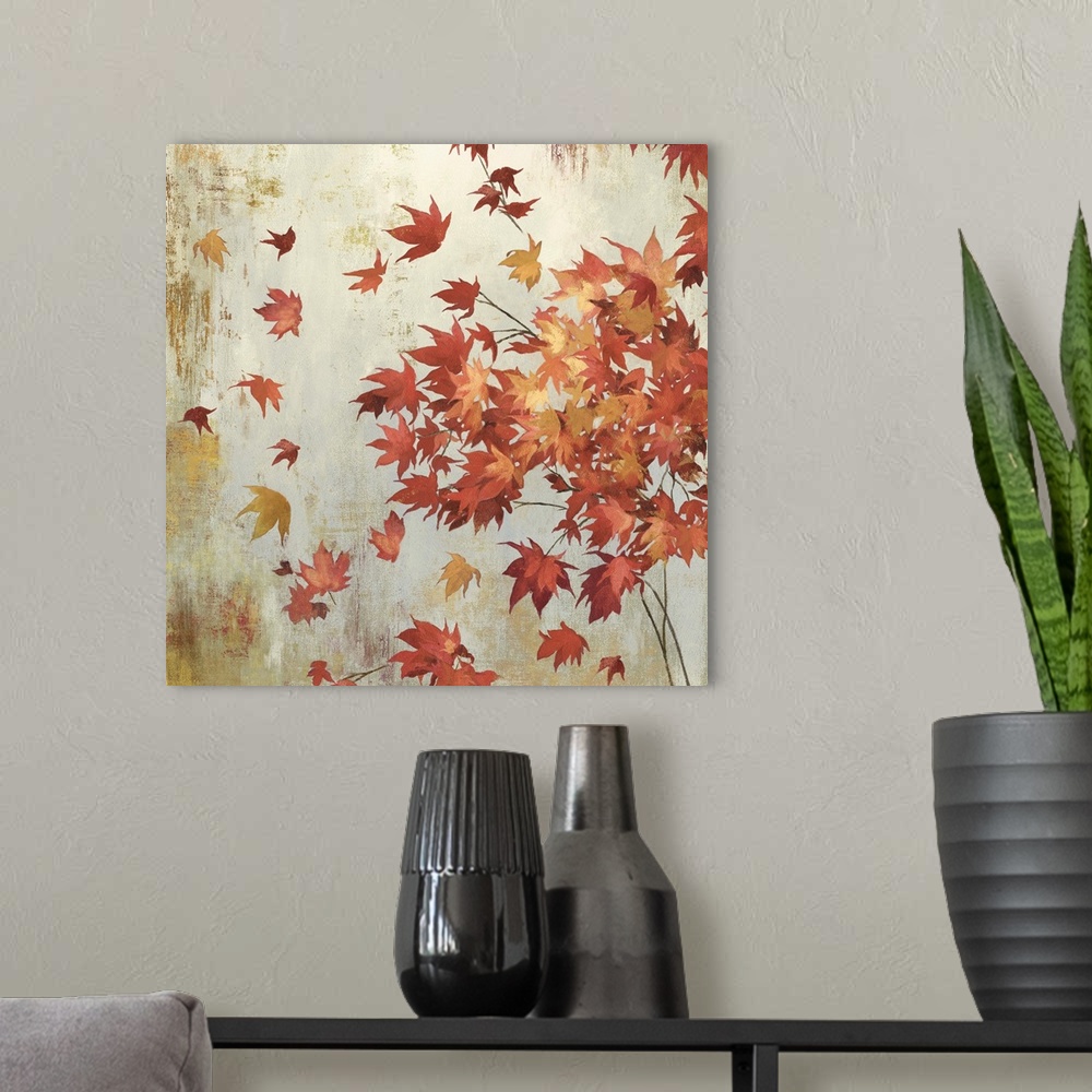 A modern room featuring Contemporary home decor artwork of crimson foliage against a neutral background.