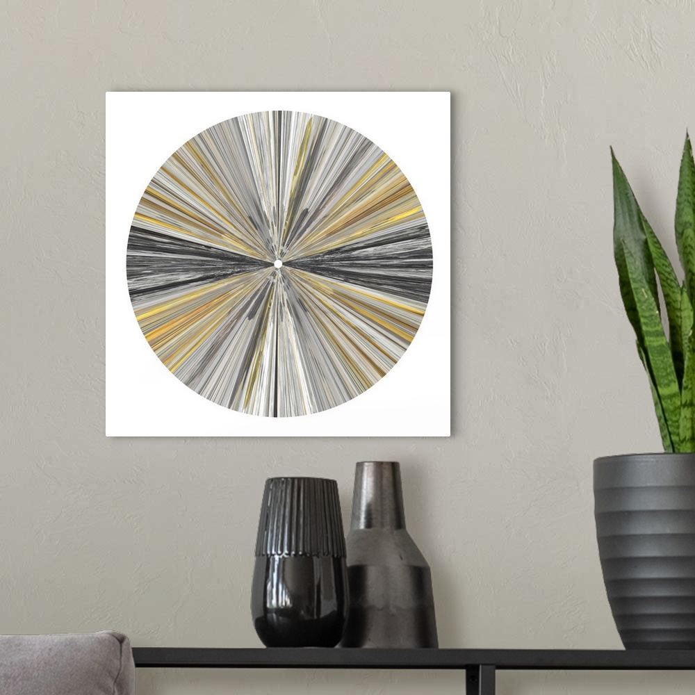 A modern room featuring Abstract circular design with rays of black, gold, and gray on white.