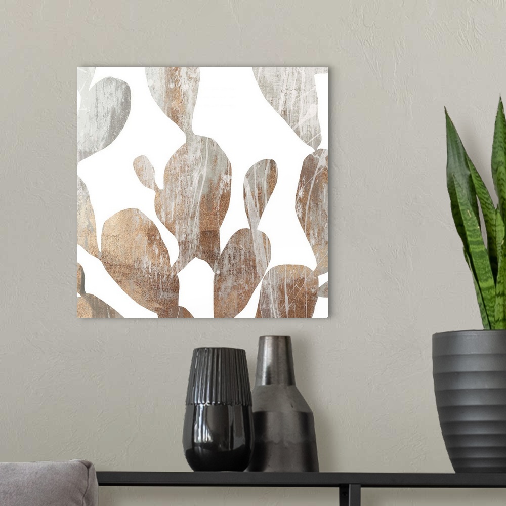 A modern room featuring Contemporary painting of leaves in textured tones of gray and brown.