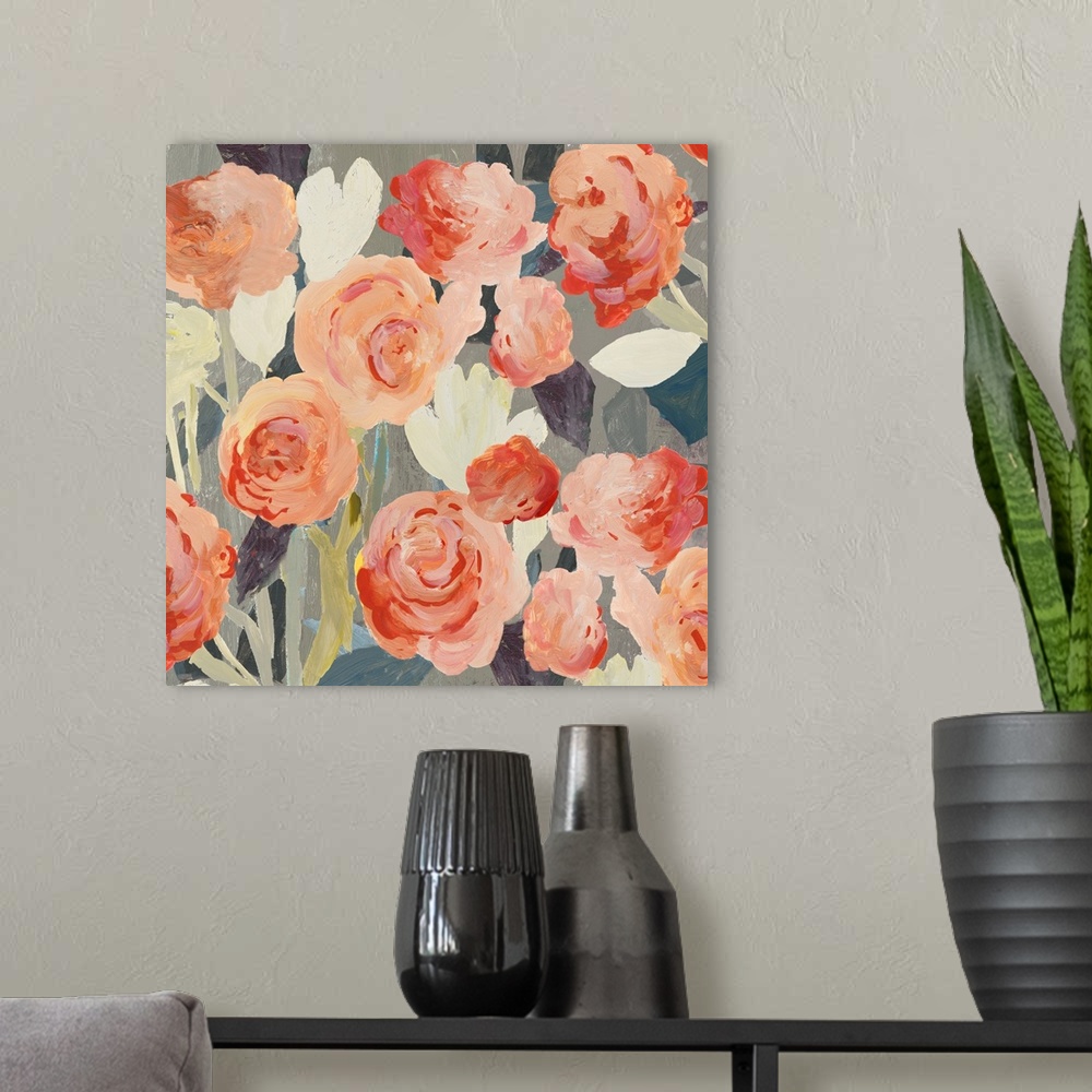 A modern room featuring A contemporary painting of pink flower blooms against a neutral textured backdrop.