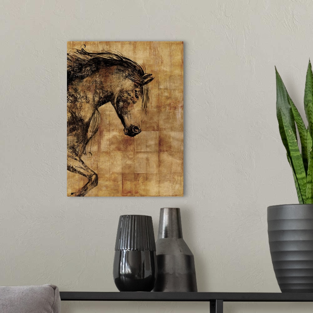 A modern room featuring Contemporary weathered looking home decor art of a horse coming into the left of the frame agains...