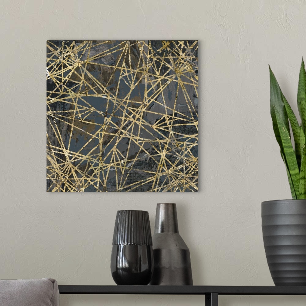 A modern room featuring A square abstract painting of textured gold lines over a dark gray background