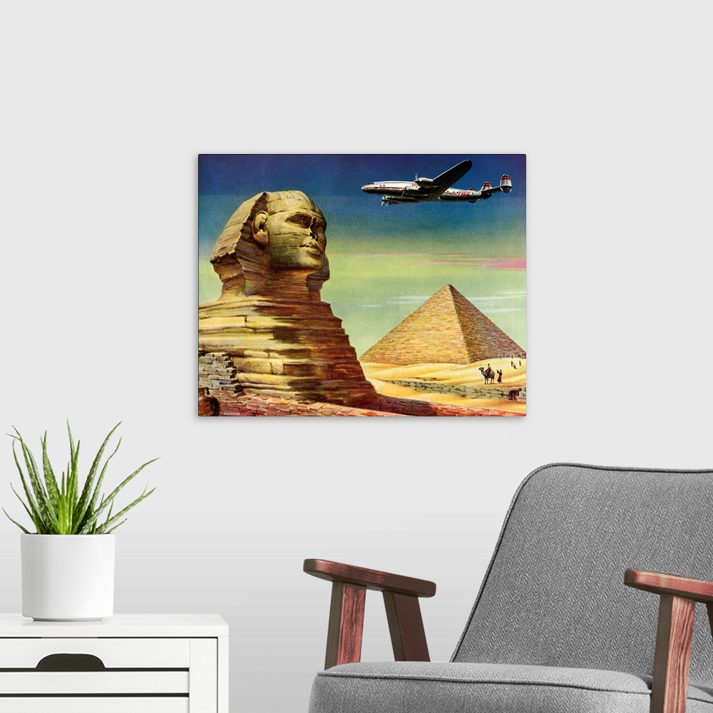 A modern room featuring Sphinx and Pyramid
