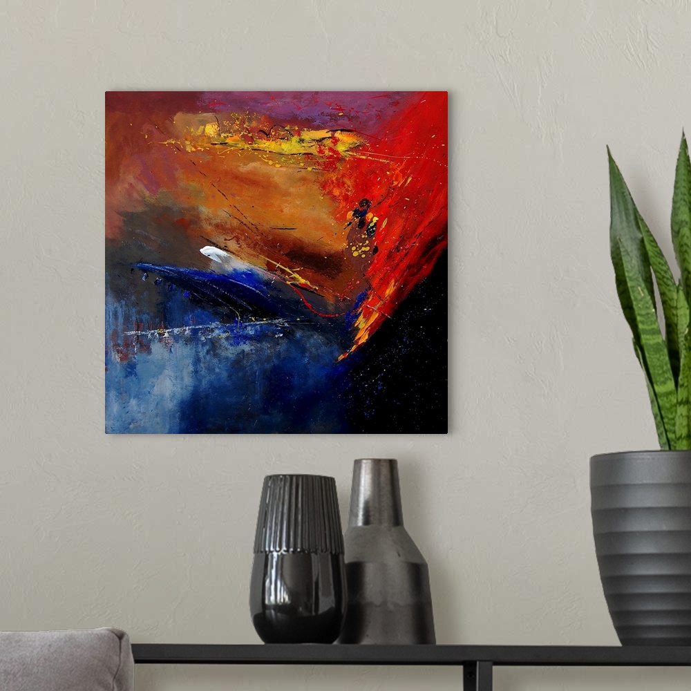 A modern room featuring A horizontal abstract painting of vibrant colors of yellow, red and blue in bold brush strokes an...