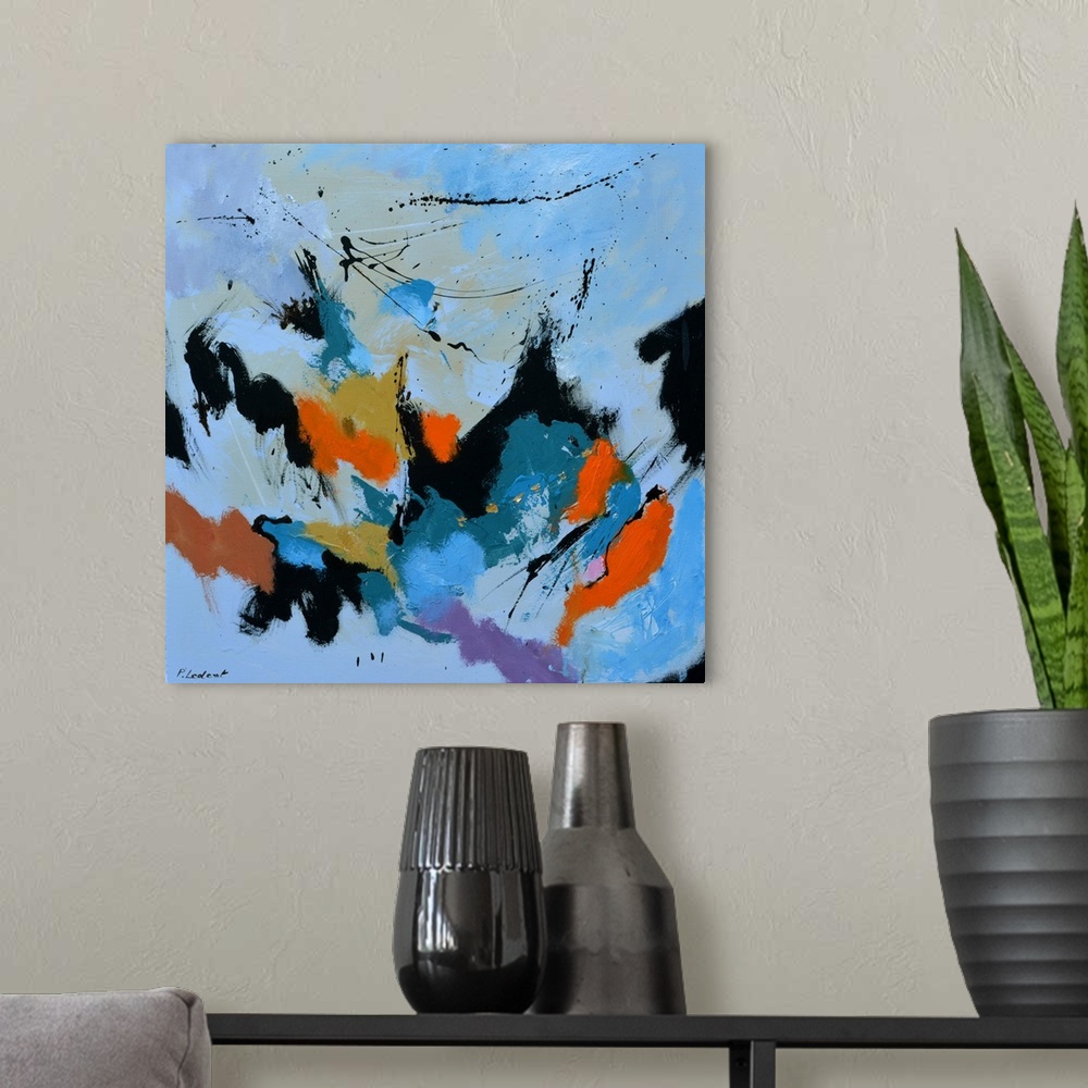 A modern room featuring A square abstract painting in muted shades of black, blue,orange and purple with splatters of pai...