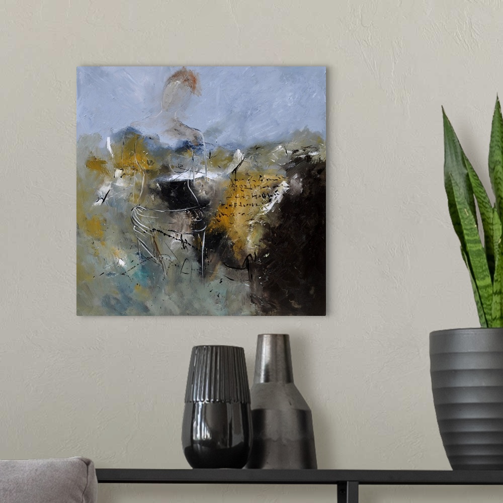 A modern room featuring A square abstract painting in dark shades of black, gray, white and yellow with splatters of pain...