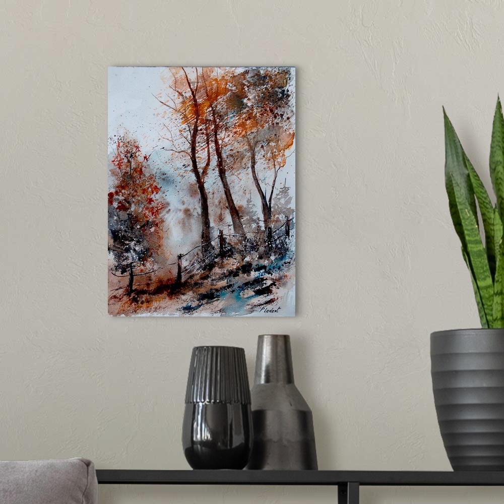 A modern room featuring Watercolor painting of trees in a forest done in muted colors of brown, gray and blue.