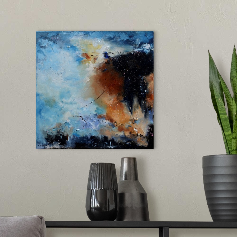 A modern room featuring Contemporary abstract painting in browns and blues.