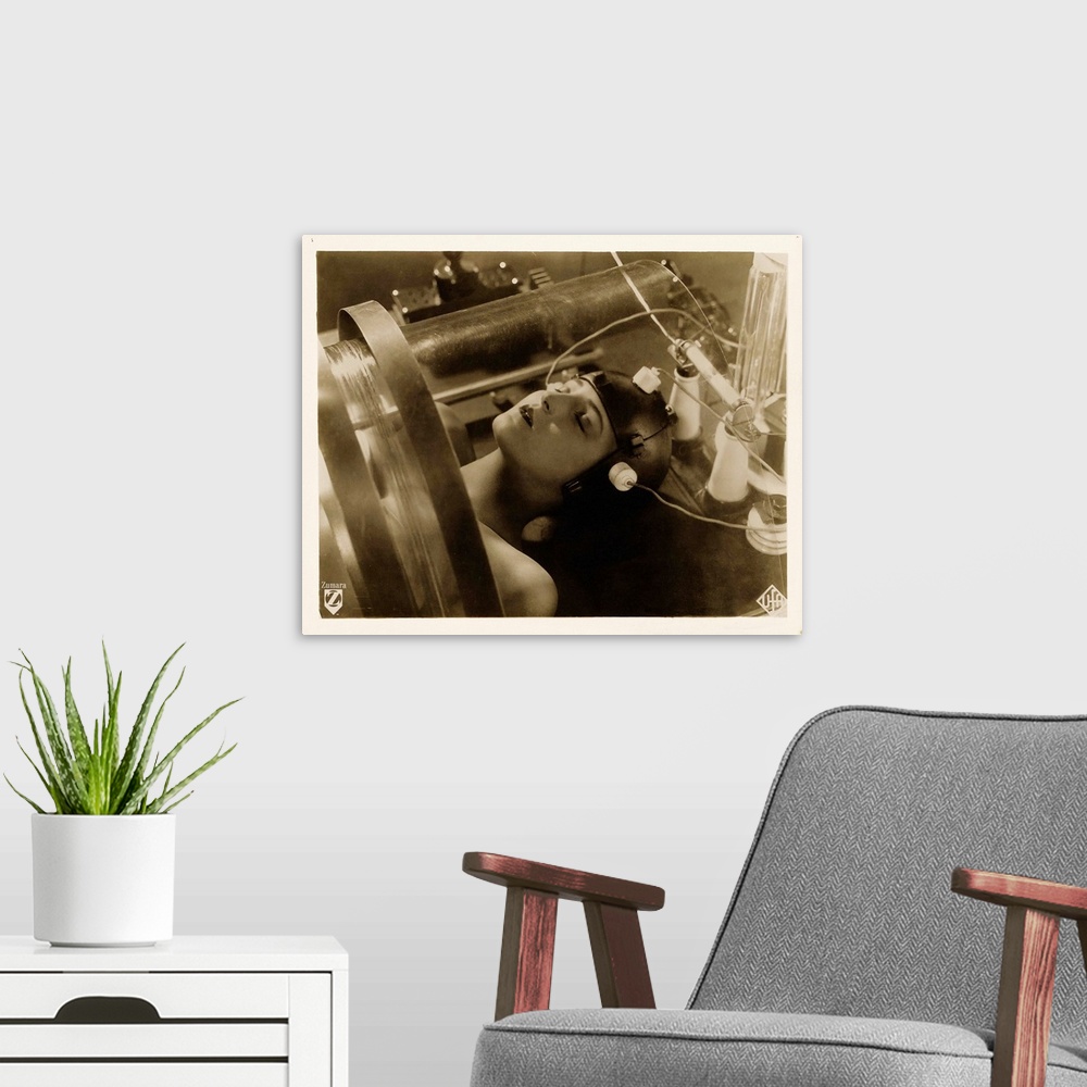 A modern room featuring Black and White Metropolis Girl poster