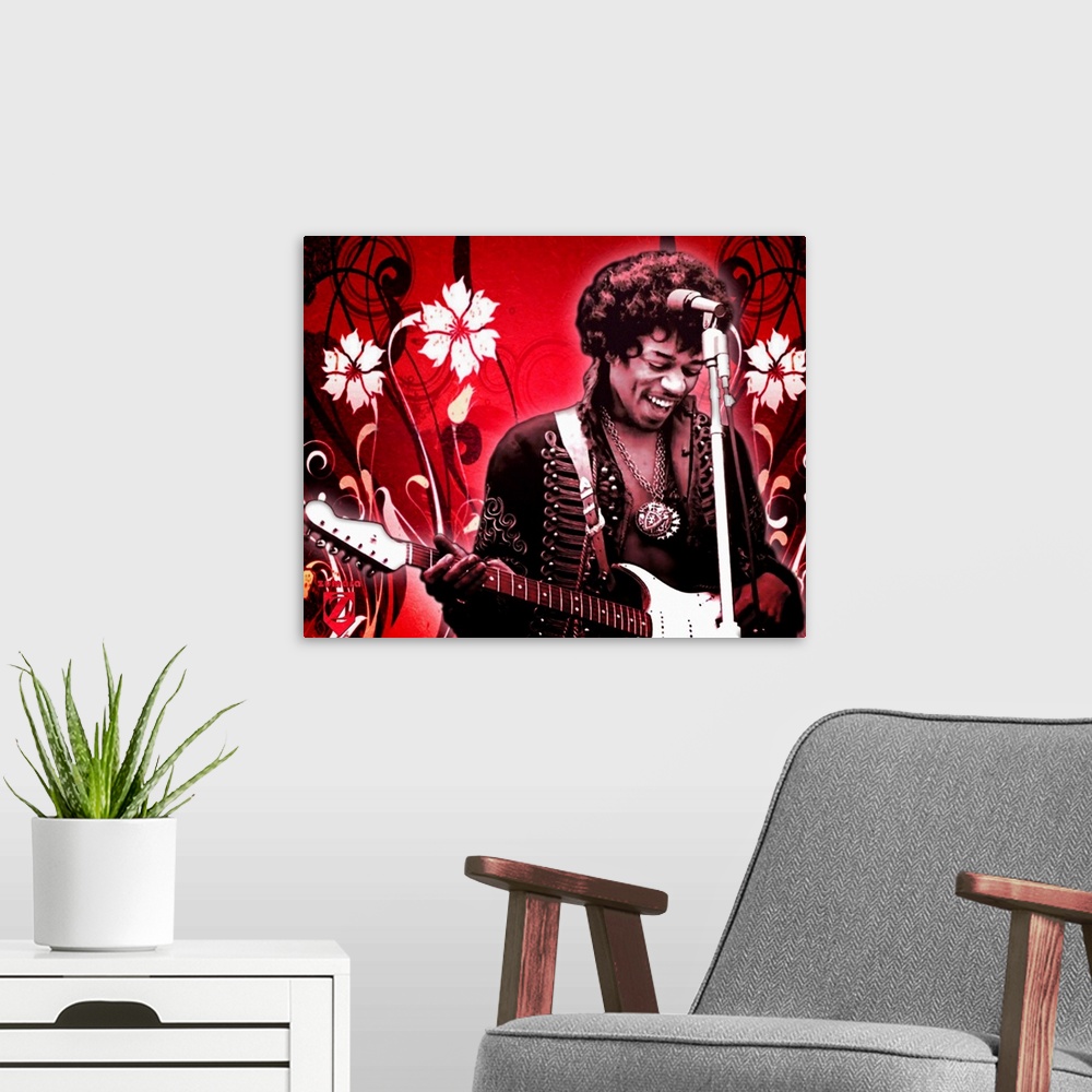 A modern room featuring Horizontal artwork on a large wall hanging of Jimi Hendrix smiling as he looks down at his guitar...