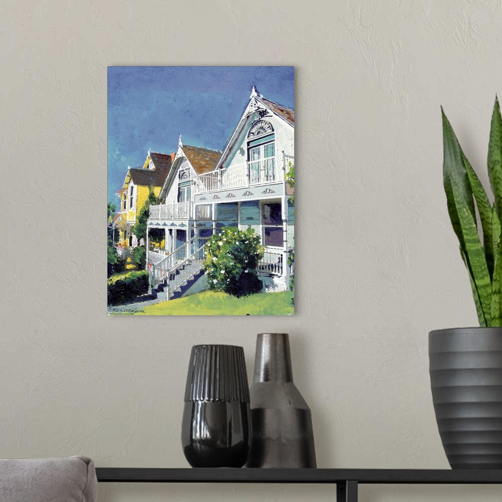 A modern room featuring Historic sunlit Bankers Hill Victorian Cottages, near downtown San Diego, California, acrylic on ...