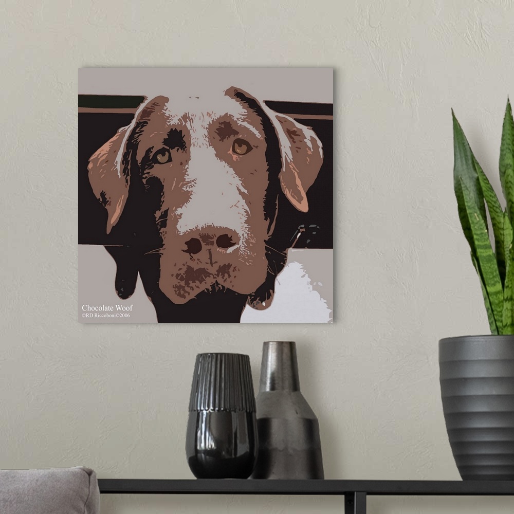 A modern room featuring "Chocolate Woof" by Randy RD riccoboni. Portrait of a Chocolate Lab.