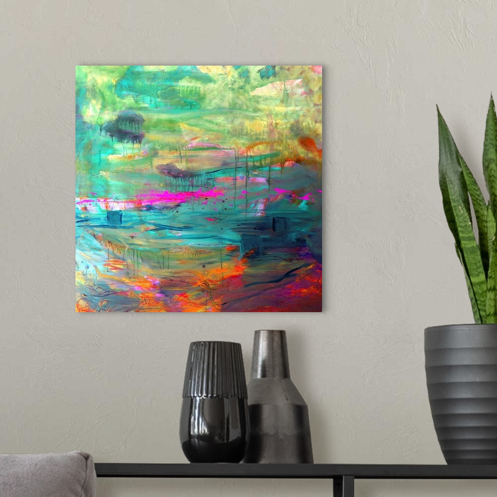A modern room featuring KOI Pond Abstract painting of Balboa Park San Diego by RD Riccoboni. Original from the artist's c...