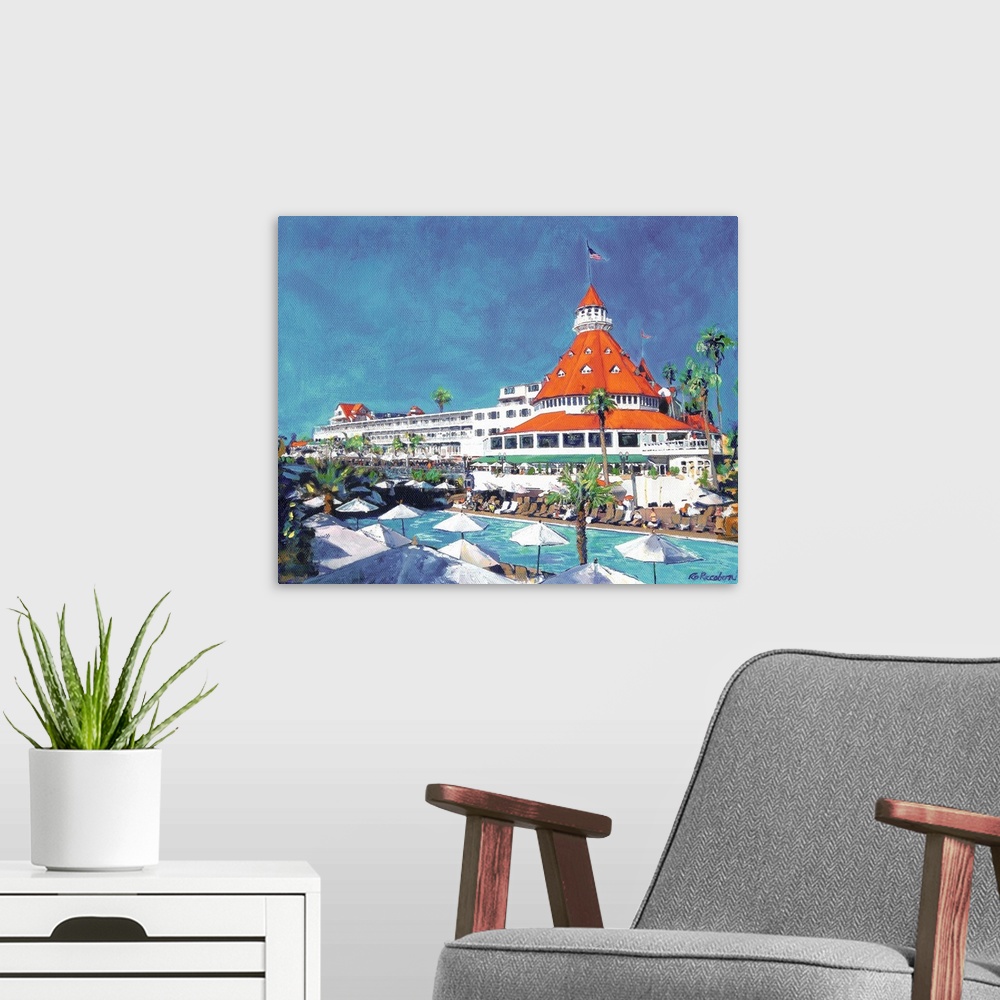 A modern room featuring Poolside at Hotel del Coronado painted by artist RD Riccoboni.  The world famous seaside Victoria...