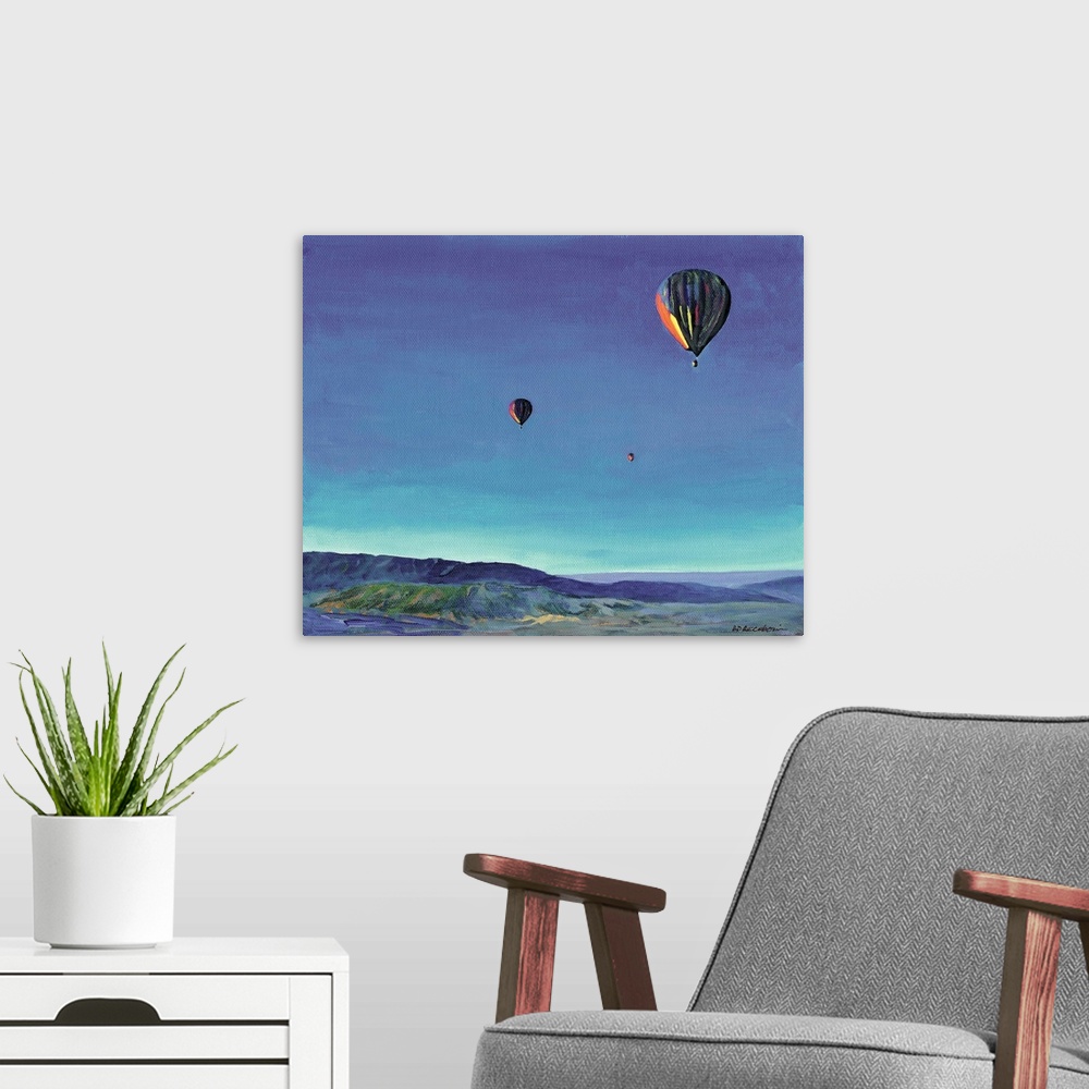 A modern room featuring Contemporary painting of three hot air balloons over a rural San Diego landscape.