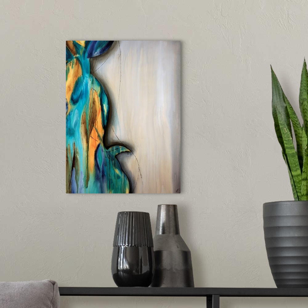 A modern room featuring Vertical abstract artwork created by a contemporary artist. Two different color palettes and text...