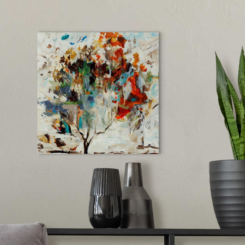 A modern room featuring Contemporary painting of a single tree with vibrant leaves and branches, on a background filled w...