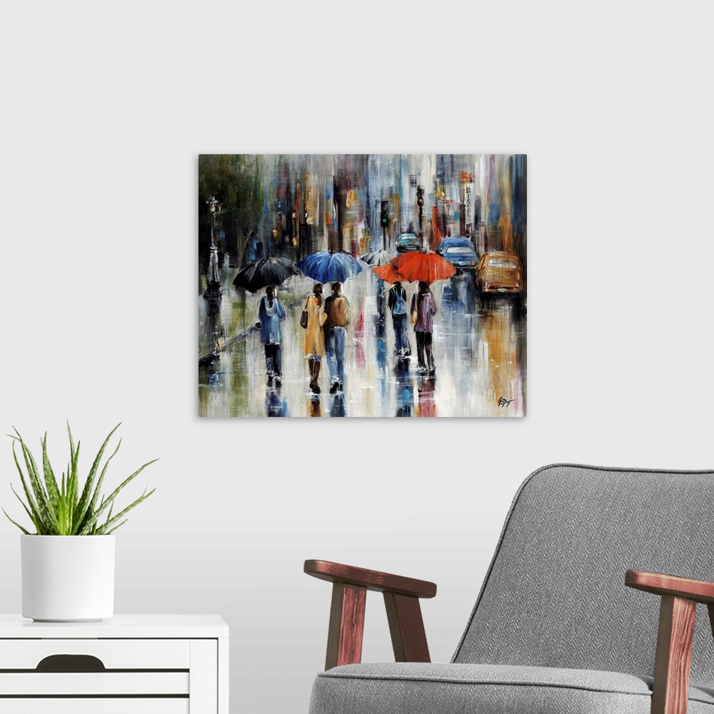 A modern room featuring Large painting of people walking in the street with umbrellas. There is a sidewalk to the left of...