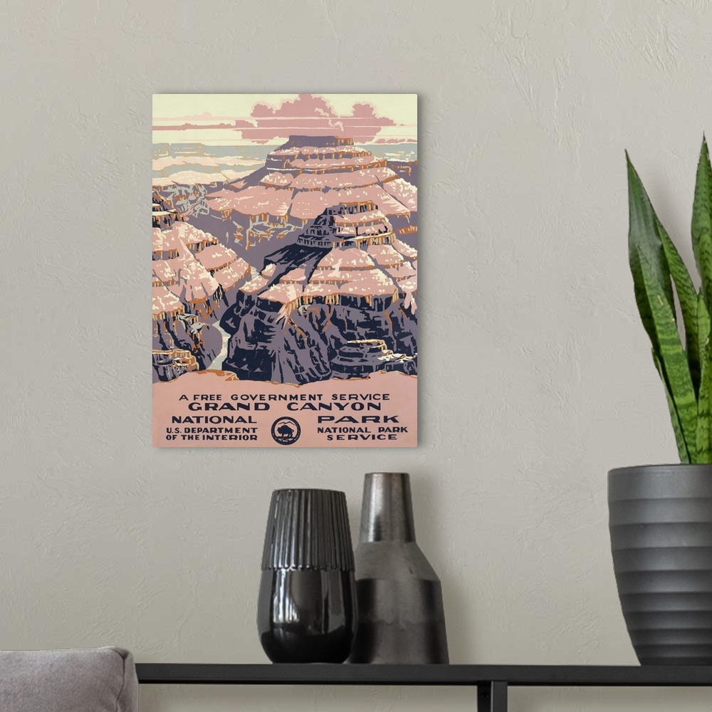 A modern room featuring Grand Canyon National Park, a free government service. Poster shows view of the Grand Canyon. Lib...