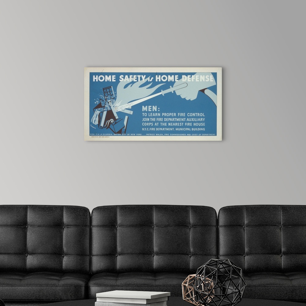 A modern room featuring Artwork for New York City Fire Department encouraging men to join the fire department auxiliary c...