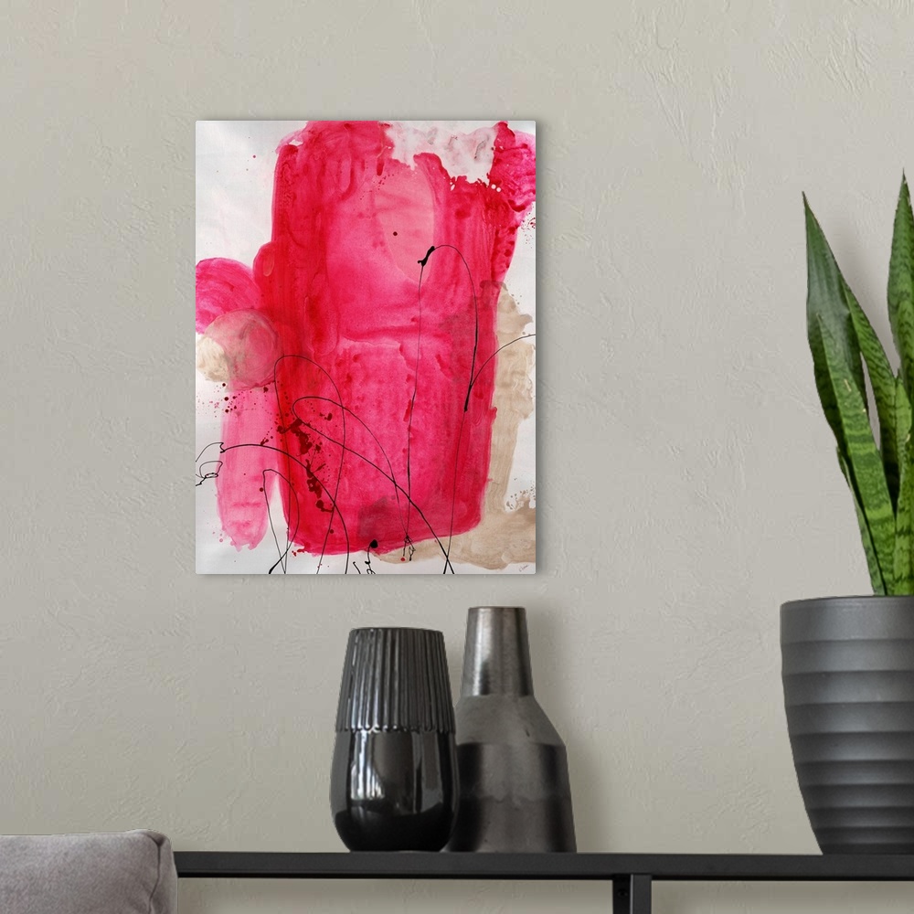 A modern room featuring Painting of a large abstract shape in bright pink tones with thin, swirling lines of paint that a...