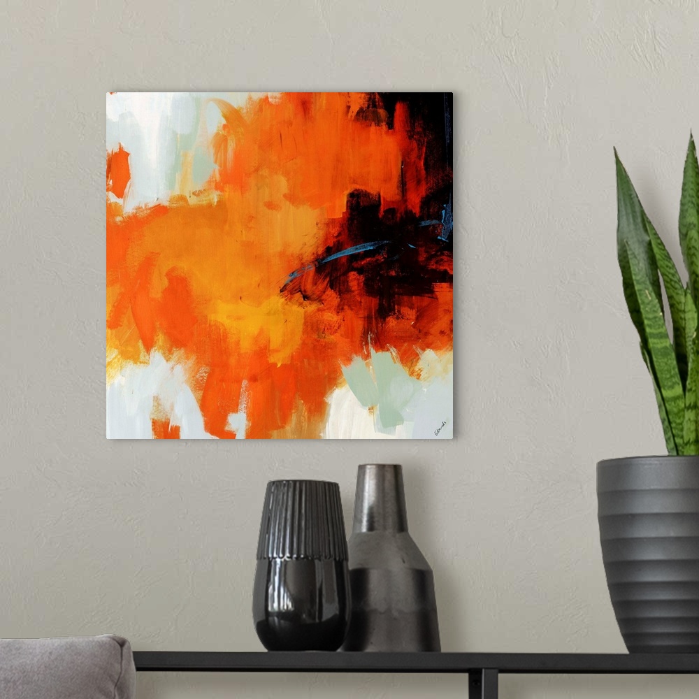 A modern room featuring Contemporary abstract artwork featuring vibrant streaks of color on a blank background creating a...