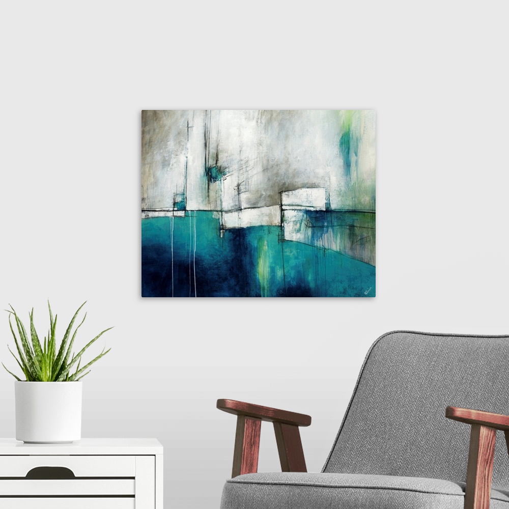 A modern room featuring Abstract artwork with mostly cool colors. Blocks of blue and white with streaks of running colors...