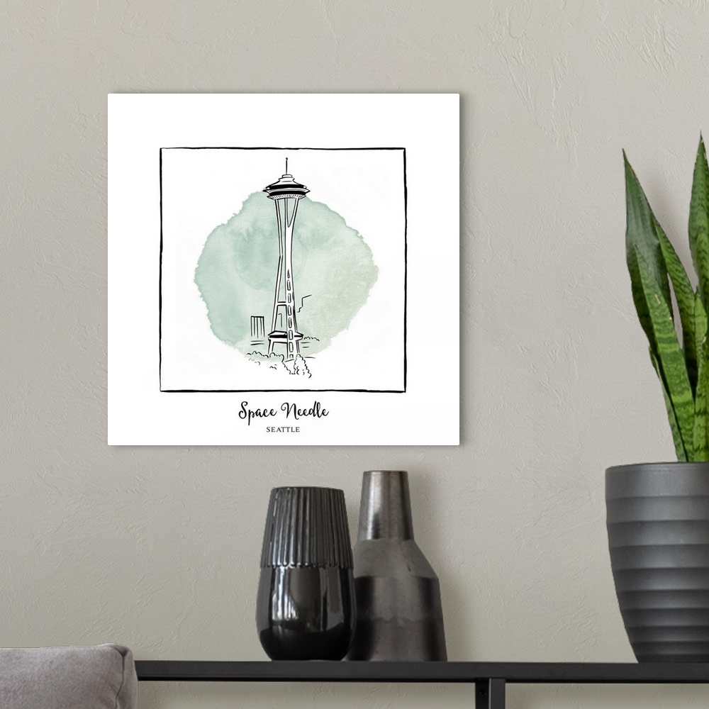 A modern room featuring An ink illustration of the Space Needle in Seattle, Washington, with a green watercolor wash.