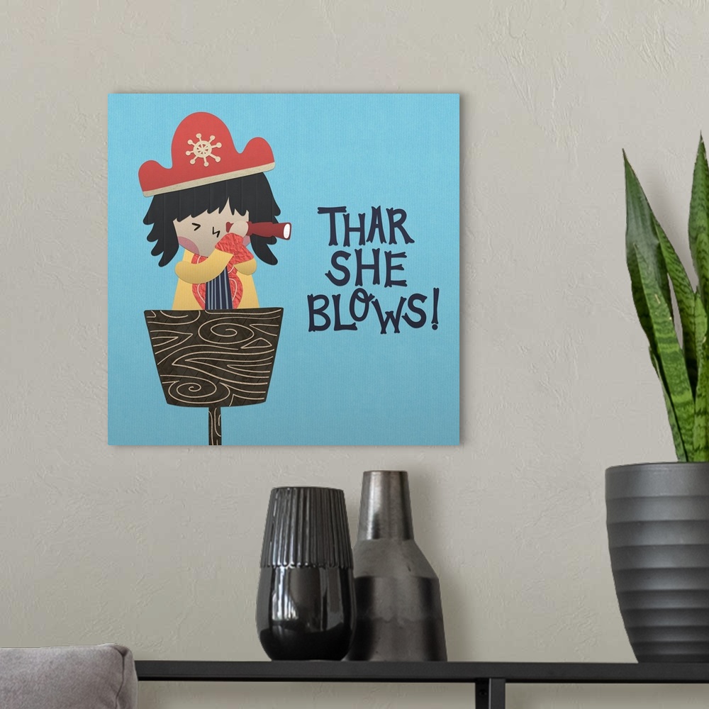 A modern room featuring A darling illustration of a young pirate with a spyglass and "Thar She Blows!" on a blue background.