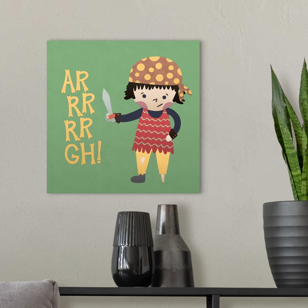 A modern room featuring A darling illustration of a young pirate with a sword and "AR RR RR GH!" on a green background.