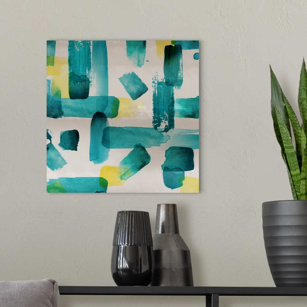 A modern room featuring Square abstract painting of short, thick brush strokes in shades of yellow and teal.