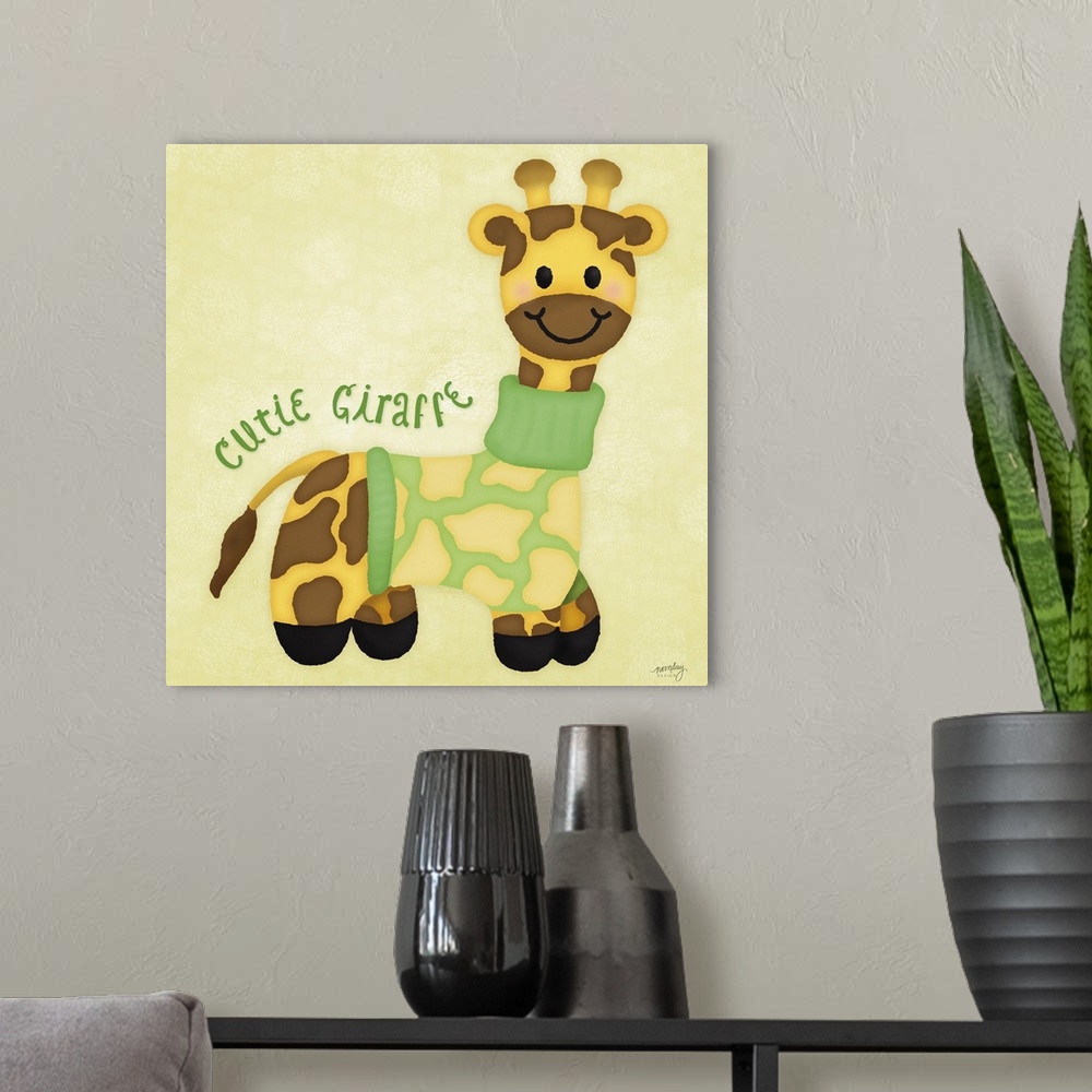 A modern room featuring A sweet illustration of a giraffe wearing a sweater and the text 'Cutie Giraffe' on a yellow back...