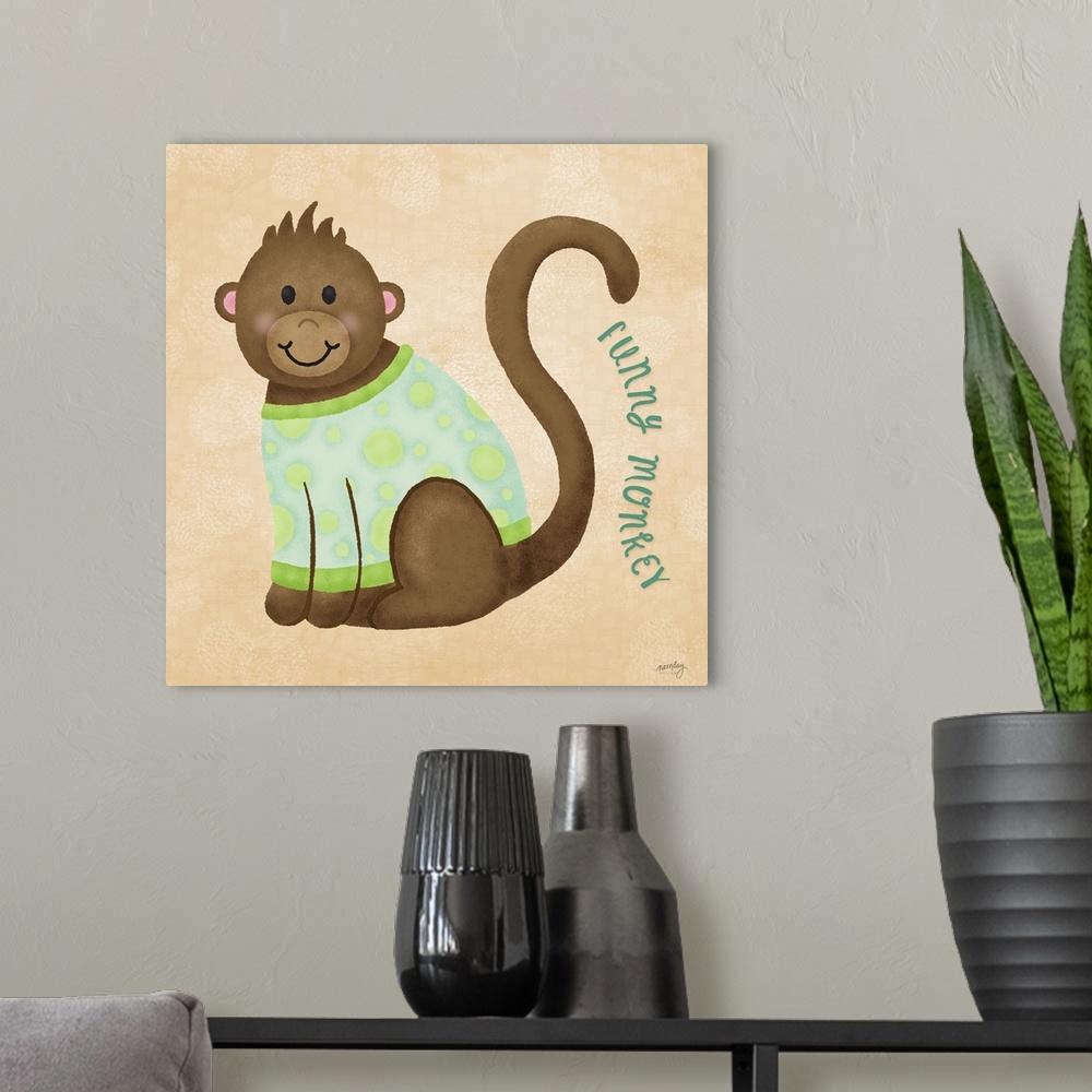 A modern room featuring A sweet illustration of a monkey wearing a sweater and the text 'Funny Monkey' on a orange backgr...