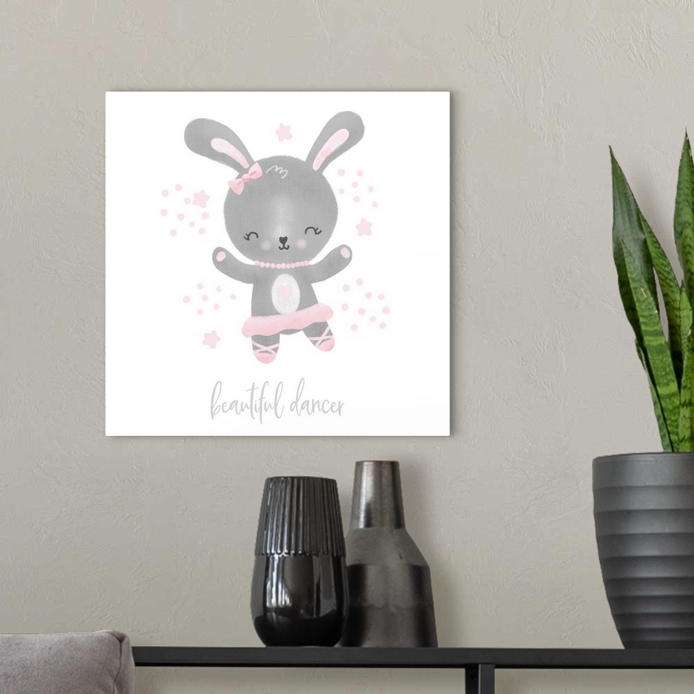 A modern room featuring Adorable artwork of a gray bunny in a ballerina outfit surrounded with pink stars and "beautiful ...