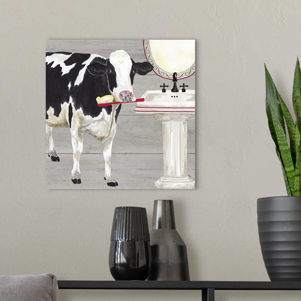 A modern room featuring A black and white cow holding a toothbrush at a bathroom sink against of grey wood background.