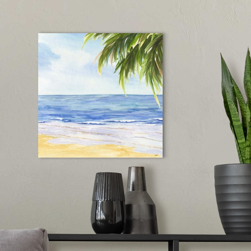 A modern room featuring A contemporary painting of calm waves on a beach framed by a palm tree.