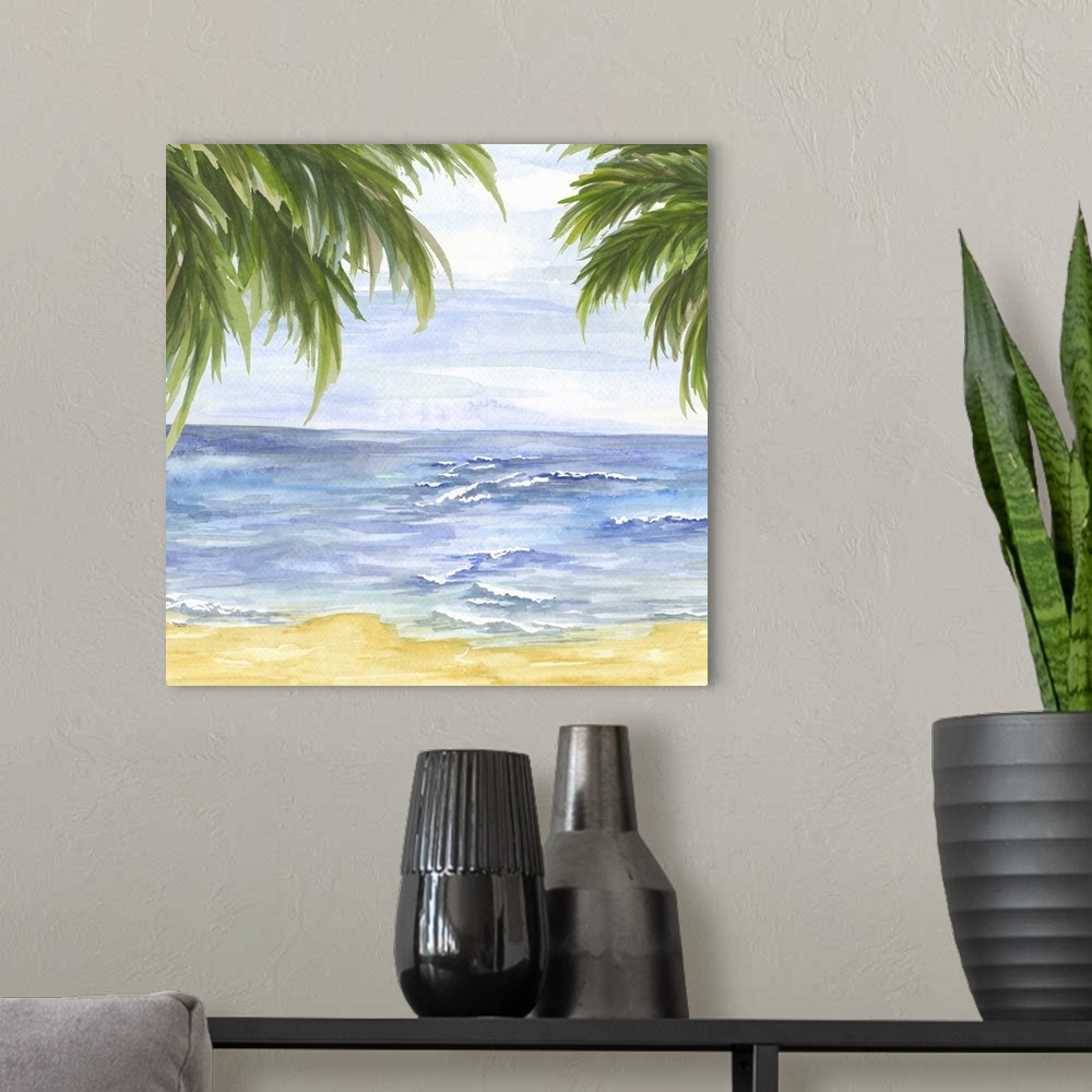 A modern room featuring A contemporary painting of calm waves on a beach framed by palm trees.