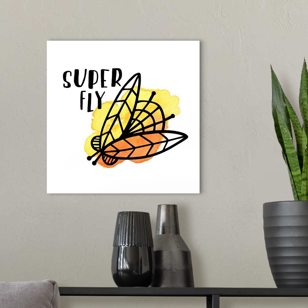 A modern room featuring "Super Fly" and a fly with yellow watercolor on a white background.