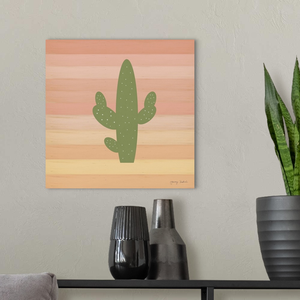 A modern room featuring Square decorative design of a green cactus on a striped background of shades of pink.