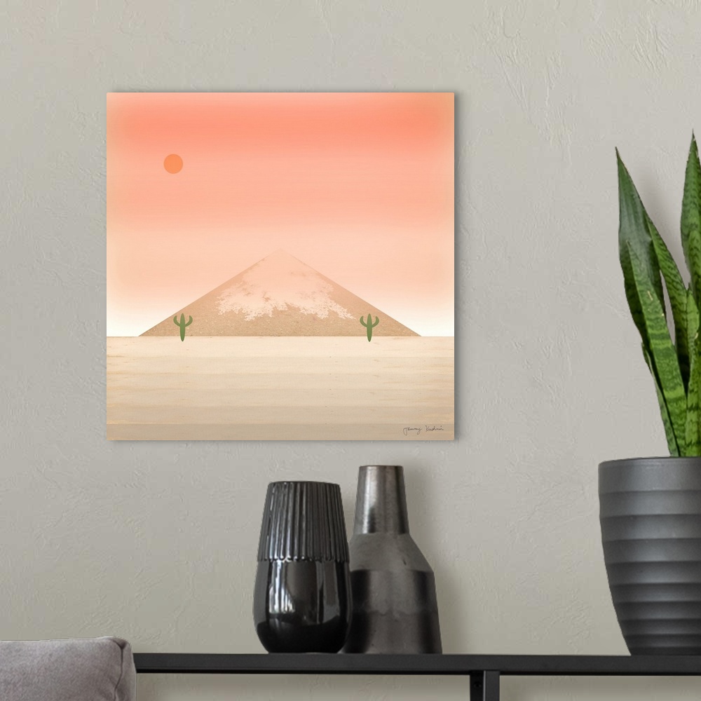 A modern room featuring Square decorative design of two green cactus next to a mountain with a sky in shades of pink.