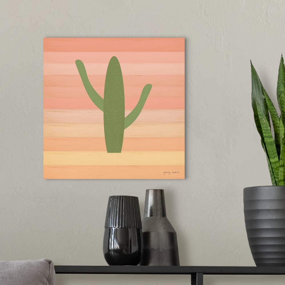 A modern room featuring Square decorative design of a green cactus on a striped background of shades of pink.