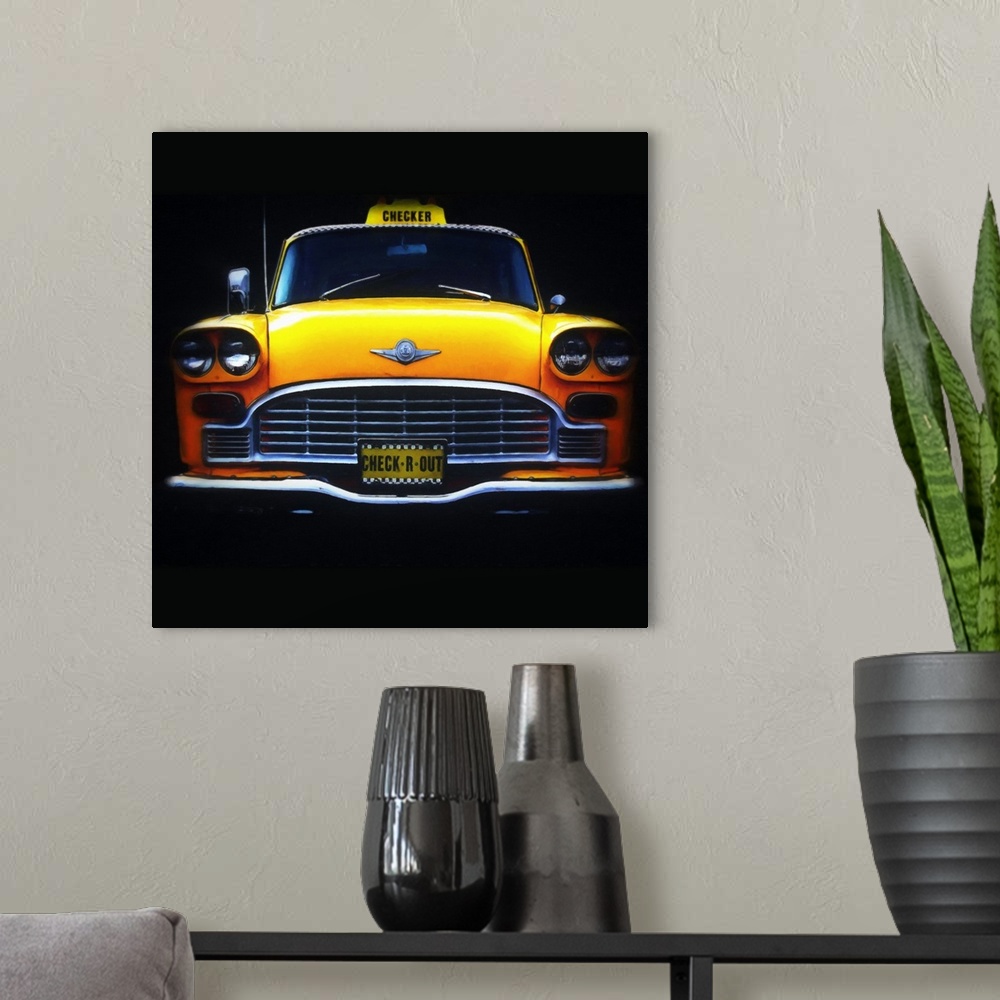 A modern room featuring A square contemporary painting of a bright yellow vintage checkered cab on a black background.