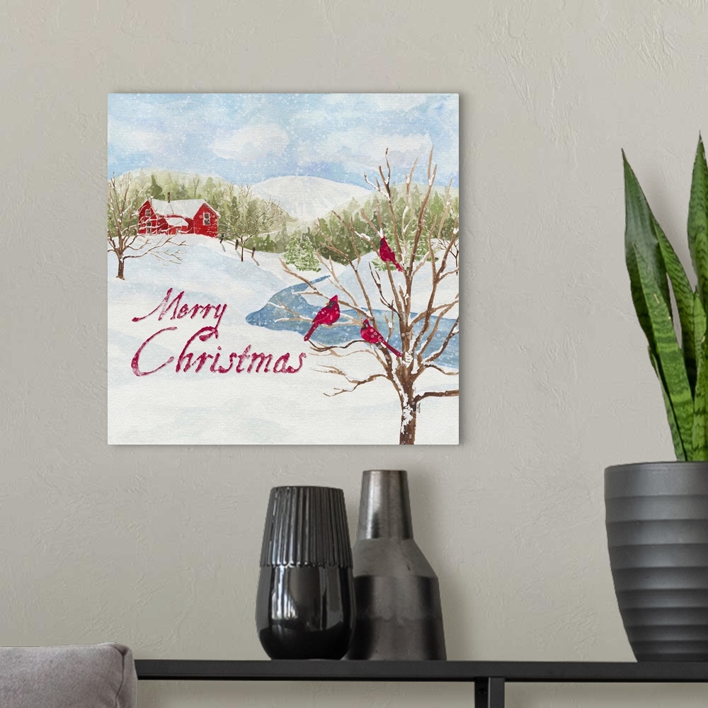 A modern room featuring A contemporary watercolor painting of a winter scene featuring cardinals perched on a tree near a...
