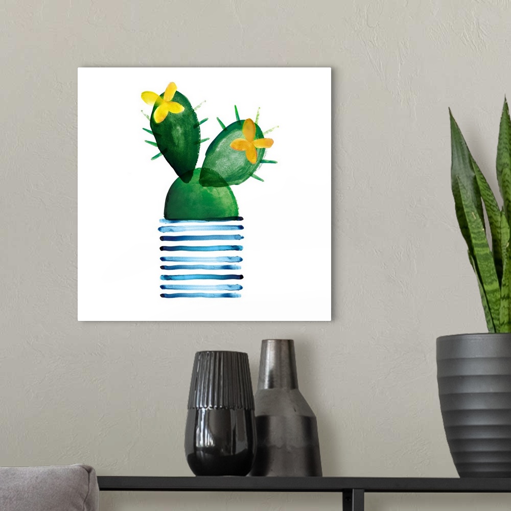 A modern room featuring Colorful painting in a simplest style of a blooming cactus in a blue striped pot on a white backg...